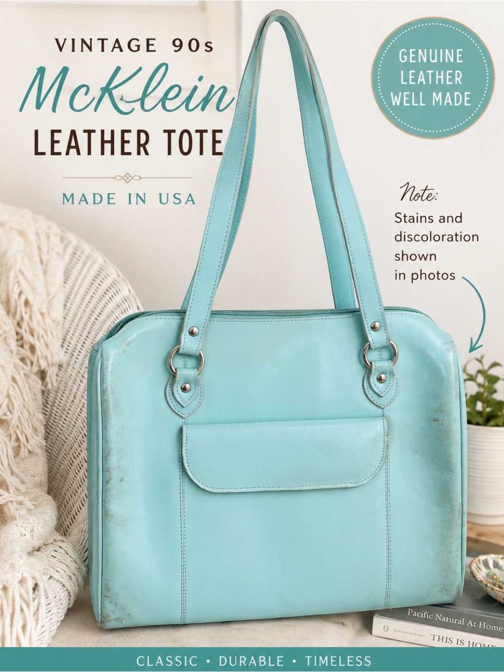 MCKLEIN - vintage 90s- Turquoise (Tiffany blue) large leatherorganizer Tote Bag